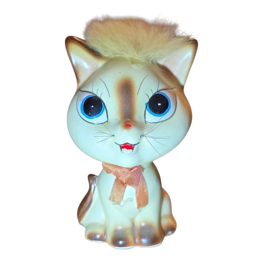 Vtg Parma by AAI Big Eyed Ceramic MCM Kitten Cat Figurine Made in Japan Fur Bow